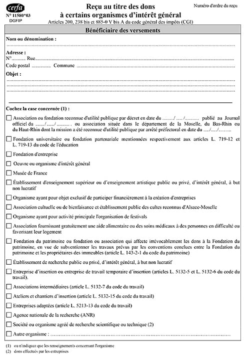 Cerfa 11580 *03 - Reçu au Titre des Dons à une Association